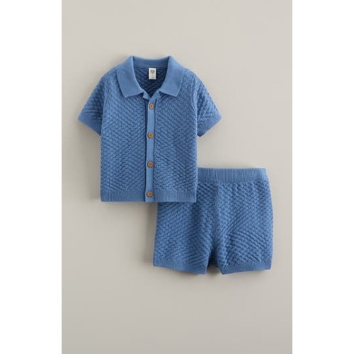 Short Sleeve Knit Button-Up Shirt & Shorts Set, 9M