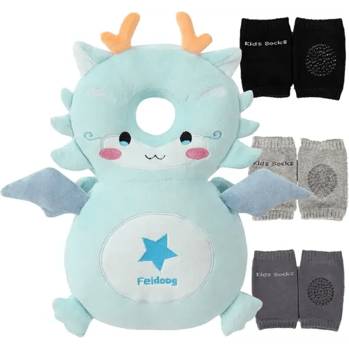 Feidoog Baby Head Protector Cushion Backpack with 3 Knee Pads for Walking & Crawling,Blue Dragon