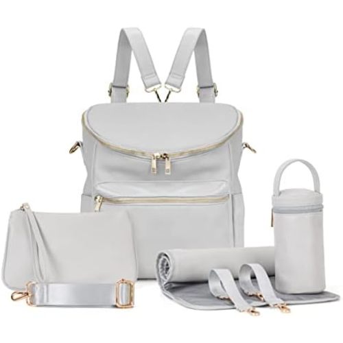 Minsong Diaper Bag Backpack,Fashion Leather Mommy Backpacks,Travel Toddler Baby Diaper Bags with in Bag Organizer and Changing Pad (Light Grey)