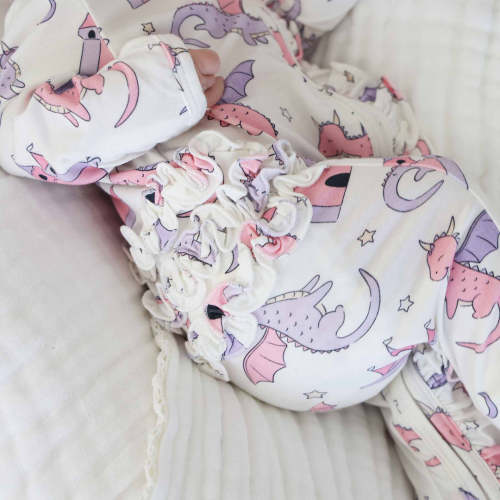 Dragon Adventure Ruffle Zipper Footie | Pink