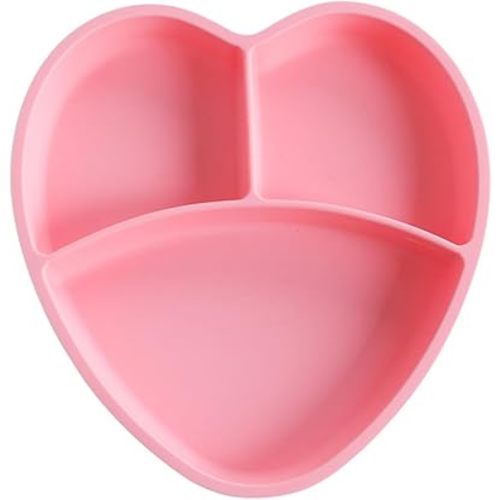 Heart Shaped Silicone Suction Plate for Boy Girl Safe Tableware Adorable Compartment Design for Independent Eating for Pink Color