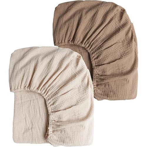 Konssy Muslin Crib Sheets for Girl Boy, 2 PCS Soft and Breathable Cotton Baby Sheets for Standard Crib Mattress, 52"x 28" (Brown, Cream)