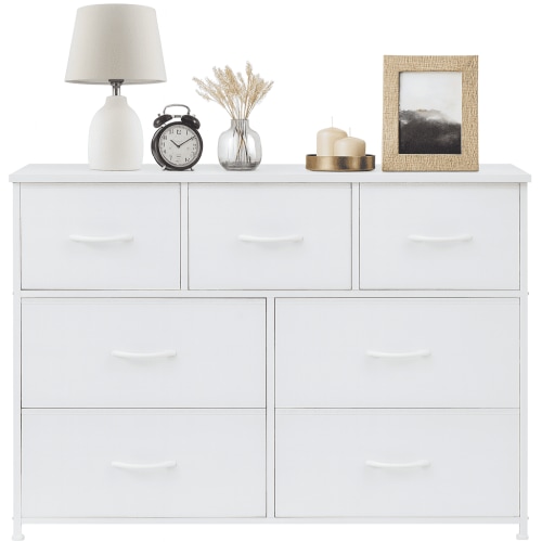QUIOCOZY 7-Drawer Dresser for Bedroom & Living Room, Fabric Storage Organizer with Waterproof Wood Top, Metal Frame, Adjustable Feet, White