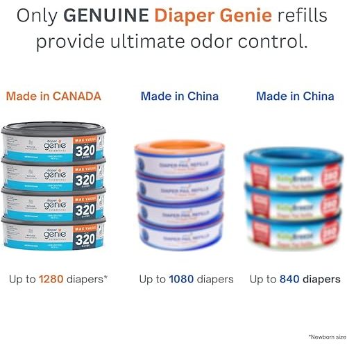 Diaper Genie Essentials Round Refill Pack of 4 | Holds Up to 1280 Newborn Diapers | Features Unscented Continuous Film | Compatible with Diaper Genie Complete and Expressions Pails