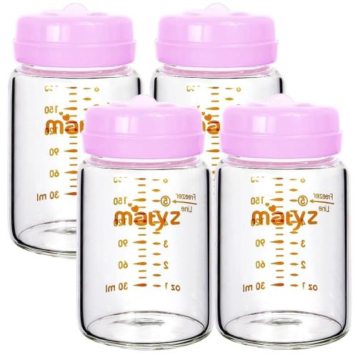Matyz 4-Pack Breast Milk Collection Bottles (Pink, 6 Oz Each) - No BPA Glass Milk Storage Bottles with Lids - Suitable for Philips Avent & Medela Spectra Pumps
