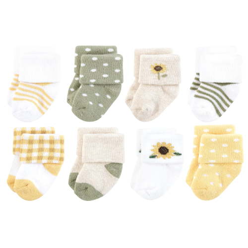 Hudson Baby Infant Girl Cotton Rich Newborn and Terry Socks, Sunflower, 6-12 Months