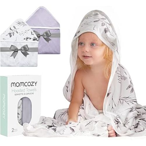 Momcozy Hooded Baby Towel, 2 Pack and Cotton Bath Towel with Hooded, Large 35 X 35 Inch, Baby Towel Set for Boy or Girl,Infant and Kid, Ink Wash Leaves