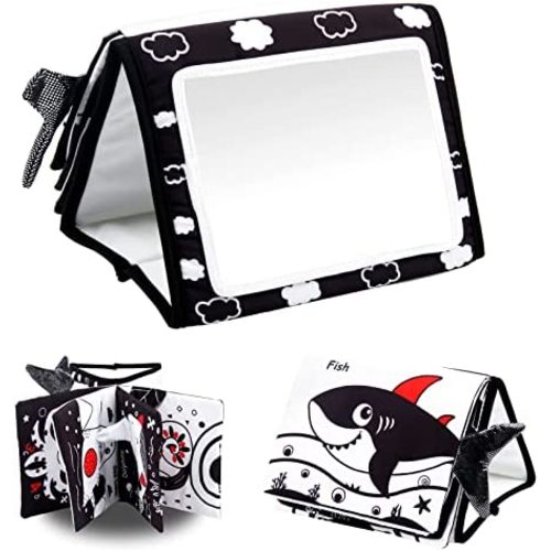 Susimond Tummy Time Floor Mirror, High Contrast Black and White Baby Mirror Toys with Crinkle Cloth Books, Non-Toxic Activity Development Floor Toys for 0 3 6 12 Month Infant Newborn Sensory Toys