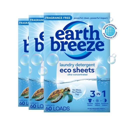 Earth Breeze Laundry Detergent Sheets Fragrance-Free - 180 Loads Eco Liquidless Soap - Travel-Friendly for Hot & Cold Cycles, Tackles Tough Stains & Odors - Gentle on Sensitive Skin, 90 Ct (3 Pack)