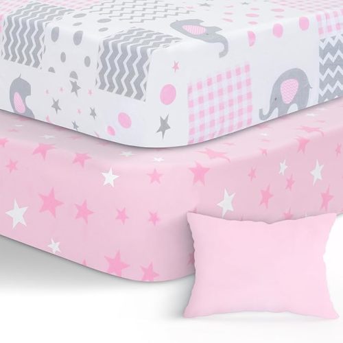 Baby Crib Sheets Girl + Baby Pillow Case, Cotton Crib Sheets, Soft Crib Sheets Fitted, 52x28 Standard Crib Sheets (Elephants & Stars Pink)