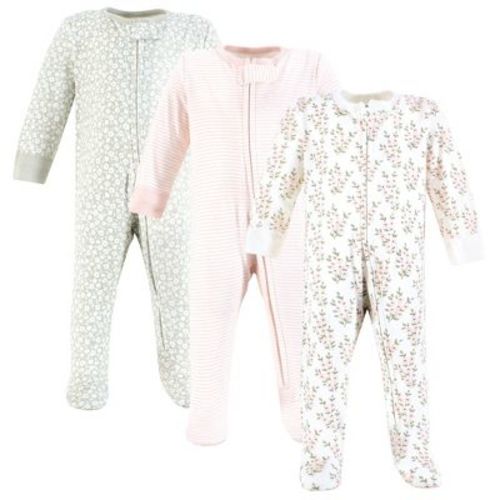 Hudson Baby Infant Girl Cotton Sleep And Play, Pink Sage Florals, 0-3 Months