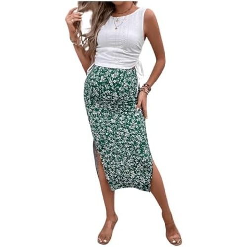 Milumia Women's Maternity Outfits 2 Piece Eyelet Ruched Tank Top and Floral Double Slit Midi Skirt Sets