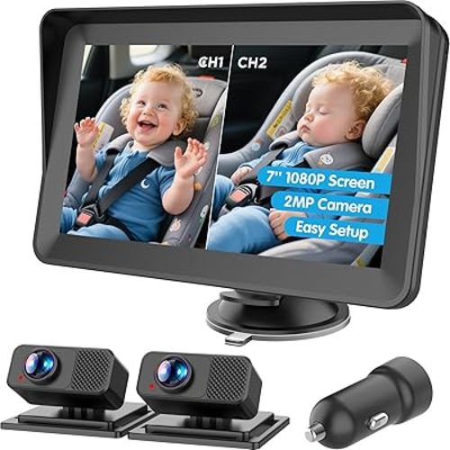 Cámara de coche para bebé para 2 niños, pantalla dividida IPS HD 1080P, cámaras duales con visión nocturna IR y gran angular de 150°, alimentado por USB, monitor de asiento trasero fácil de instalar