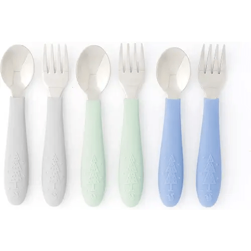 Elk and Friends Kids Silverware with Silicone Handle | Childrens Safe Flatware | Toddler Utensils | Baby Spoons + Forks | Stainless Steel Cutlery