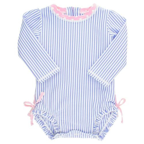 Rufflebutts Baby Girls Seersucker One Piece Rash Guard - Periwinkle Blue, Size: 0-3m
