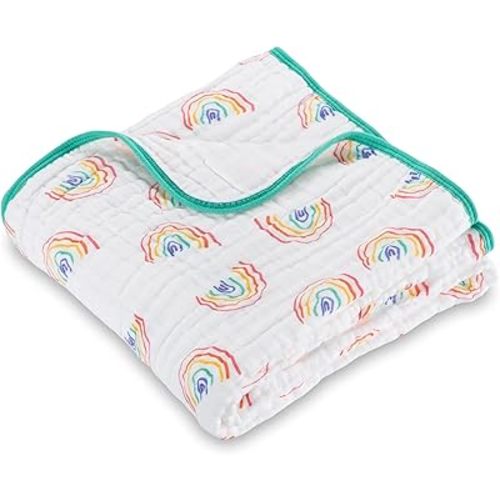 LollyBanks Muslin Baby Blanket, 100% Cotton Lightweight Muslin Quilt, 47 x 47 Inches 6 Layers Baby Blanket for Boys and Girls, Soft and Breathable Baby Quilt, Baby Essentials (Rainbow Print)