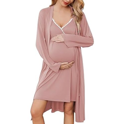 Ekouaer Womens Maternity Nursing Gown and Robe Set Labor Delivery Nuring Nightgowns for Hospital Breastfeeding Robes