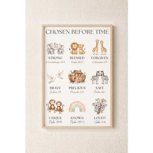 chosen before time Noahs Ark Nursery Art, Watercolor Bible Animals Print, Christian Kids Affirmation, Ark Nursery Decor, Faith Wall Art