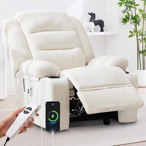 Hicosit Power Recliner Chair, Electric Recliner Chair for Adults, Adjustable Reclining Chair with Cup Holder, Charging Ports for Living Room, Home Theater Seating Lounge (1, Stripe White)
