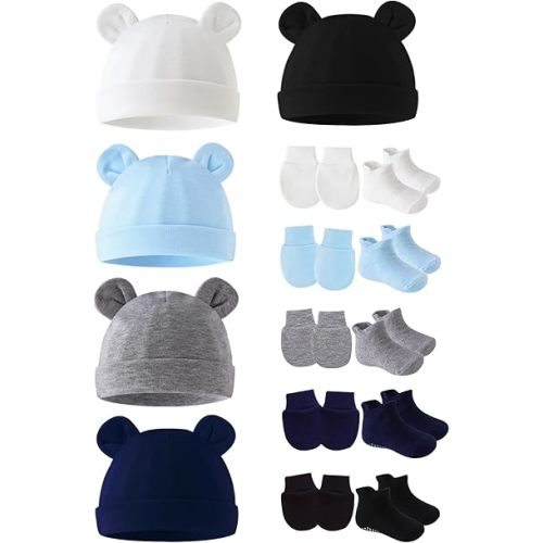 Cotton Ears Baby Hats Mittens with Socks Set Unisex, No Scratch Mittens and Beanie Cap for Infant Toddler Newborn - 5 Pack
