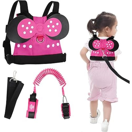 Lehoo Castle Toddlers Leash for Walking + Key Lock Design Anti Lost Wrist Link, 3 in 1 Baby Leash Kids Wrist Link for Toddlers, Safety Harness Belt Strap Wristband (Pink Minnie Toddler Leash)