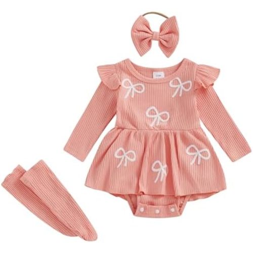 Newborn Baby Girl Clothes Cute Bow Ruffle Ribbed Romper Dress Socks Headband 3Pcs Fall Spring Outfits