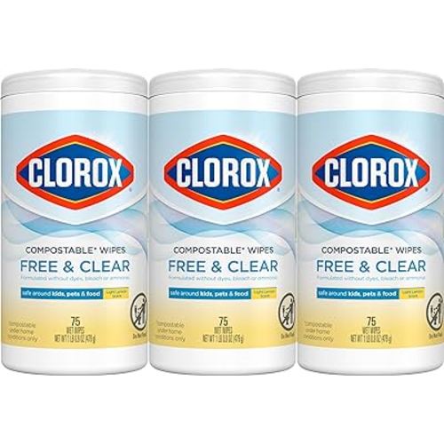 Clorox Free & Clear Compostable Cleaning Wipes, Light Lemon Scent, 75 Count, Pack of 3 (Pack May Vary)