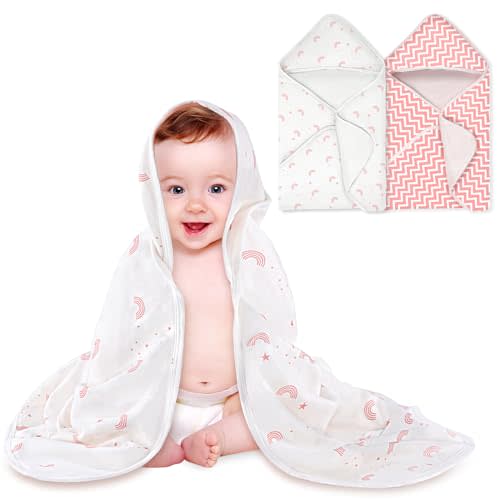 BabyAlly Baby Towels 2 Pack,Hooded Set,Baby Infant Bath Towels with Hood,Soft and Absorbent Nursery Towel,Large 28x28Inch,Newborn Essential(Rainbow & Pink Stripes)