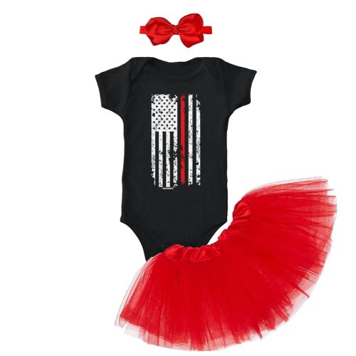Red Line American Flag - Support Firefighters Baby Bodysuit + Tutu Skirt + Bow Headband Set
