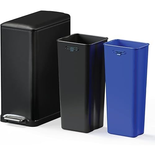 Home Zone Living 13 Gallon Slim Kitchen Trash Can with Dual Compartments for Recycling, Stainless Steel, Black, 50 Liters Total