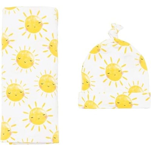 Little Sleepies Newborn Swaddle + Hat Set, Viscose Derived from Bamboo Baby Wrap, Sunshine
