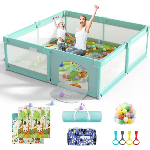 LUTIKIANG 79" x 71" Baby Playpen with Mat, Play Yard for Babies and Toddlers, Indoor/Outdoor Gate, Large Play Pen for Safety, Playtime, and Fun (Green)