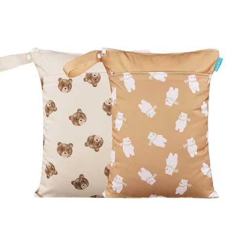 MOMIGO 2 pcs/set Wet Dry Bags for Baby Cloth Diapers - Reusable, Washable for Stroller, Diapers, Travel Bags, Gym Bag (Bear)