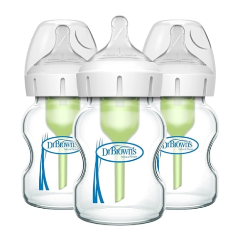 Dr. Brown's Natural Flow Anti-Colic Options+ Wide-Neck Glass Baby Bottles 5 oz/150 mL, with Level 1 Slow Flow Nipple, 3 Pack, 0m+
