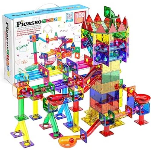 PicassoTiles 100pc Magnetic Marble Run Set with Racing Track Tiles Funnels Curved Slopes and Steel Balls for Kids STEM Construction Indoor Learning Toy That Promotes Focus and Problem Solving PTG100
