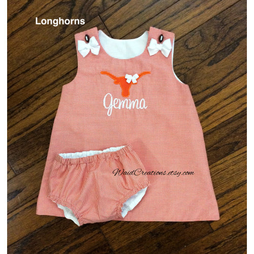 Collegiate girl dress and bloomers, college mascot bubble suit romper