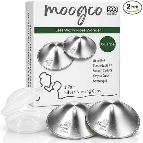 MOOGCO The Original Silver Nursing Cups - Nipple Shields for Breastfeeding Newborn - Breastfeeding Essentials - 999k Tri-Laminate Silver for Larger Sizes (X-Large, Set of 2)