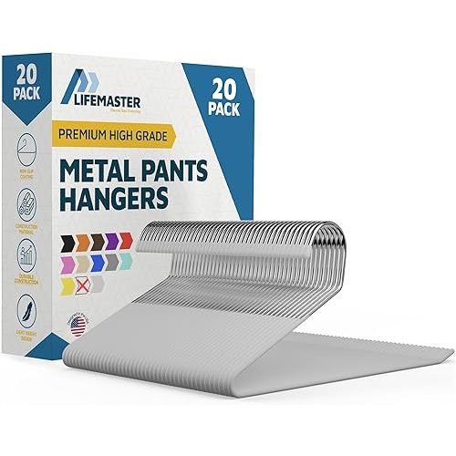 Metal Pants Hanger Set - 20 Pieces Elegant Non-Slip Closet Space Saving Hanger Set for Pants, Trouser, Blankets, and Jeans with Open Ended Sleek Design - White
