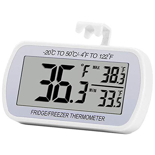 Refrigerator Thermometer Digital Fridge Freeze Room Thermometer Waterproof Large LCD Display Max/Min Record Function, White