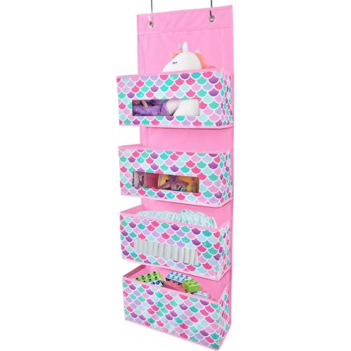 WERNNSAI Mermaid Over Door Organizer - 4 Clear Window Pockets Door Hanging Organizer for Kids Baby Girls Closet Diaper Behind Door Pantry Organizer Hanger Bedroom Nursery Wall Organizer Decor