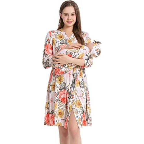 Galabloomer Maternity Robe and Baby Receiving Blanket, Matching Mommy Labor Delivery Robe and Swaddle Set Garden Flower