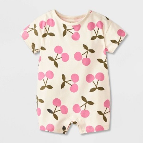Baby Girls' Short Sleeve Cherries Romper - Cat & Jack™ Cream 6-9M