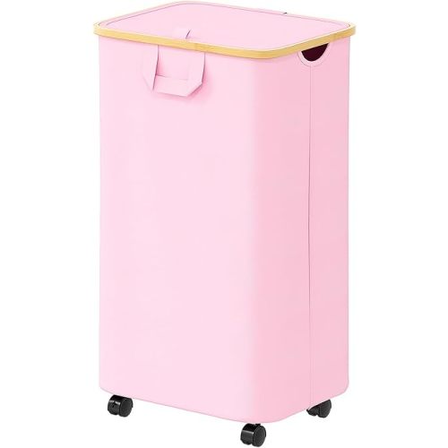 SpaceAid Laundry Hamper with Wheels and Lid, 26 Gal (100L) Rolling Clothes Basket with Bamboo Handle, Large Laundry Hamper for Bedroom, Bathroom, Dorm, Laundry Room - Pink