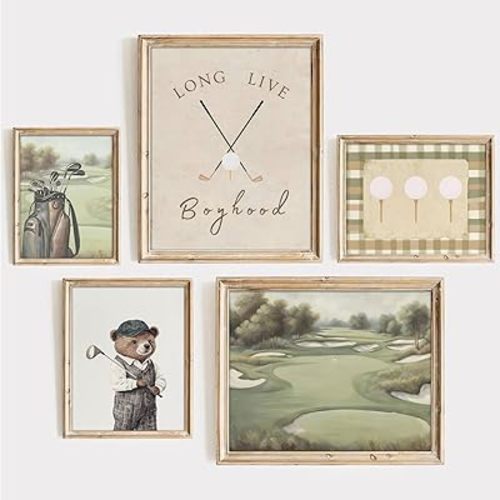 SYZPIKU 5Pcs Sports Nursery Wall Art Vintage Teddy Bear Posters Golf Boy Sports Wall Decor Kids Room Pictures for Boys Room Office Teen Room Home Decor Unframed