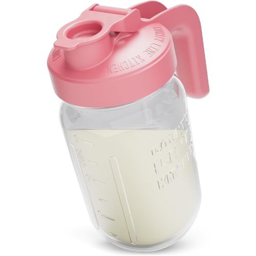County Line Kitchen Glass Breast Milk Pitcher with Lid - Wide Mouth, 1 Quart (32 oz) - Heavy Duty, Leak Proof - Sun & Iced Tea Pitcher, Cold Brew Coffee, Breast Milk Storage, Water - Pink