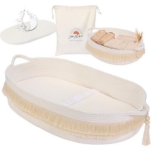 Baby Changing Basket with Pads and Safety Belt- 100% Cotton Boho Baby Moses Basket Changing Table and Thick Pad with Waterproof Mattress Cover, Nursery Decor in Brown and White Color with Storage Bag