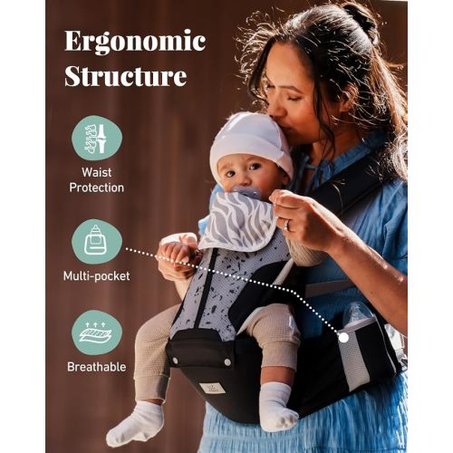 MOMTORY Safety-Certified 6-in-1 Baby Carrier Newborn to Toddler, Black | Plus Size Friendly, 6 Carry Positions, Ergonomic Hip Support, Cozy Baby Carrier with Hipseat for 7-50lbs, All Seasons