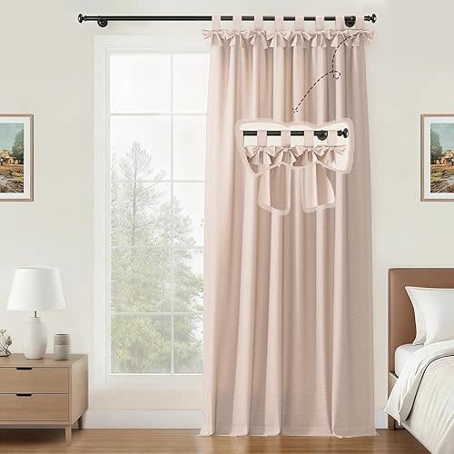 ChadMade Natural Cotton Linen Blend Drape Bow Tab Top Light Filtering Curtain for Girls Room, Farmhouse Cotton Lined Drape Privacy Window Treatment (W34 x L90, 1 Panel, Pink)