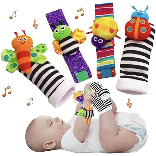 Little Treasures and Play Soft Baby Wrist Rattle & Foot Finder Socks Set – Cotton Plush Infant Toys for Newborns 0-12 Months, Baby Gifts for Boys & Girls, Baby Shower Present, Hand & Feet Rattles