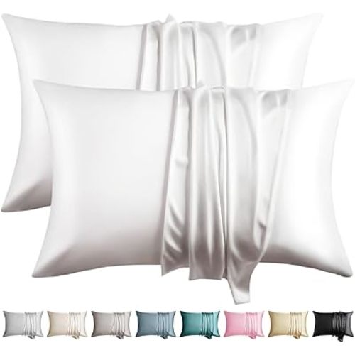 100% Silk Pillow Cases 2 Pack Standard Size Mulberry Silk Pillowcase for Hair and Skin Set of 2 Highest Grade 6A Silk Soft Breathable Cooling with Hidden Zipper, White